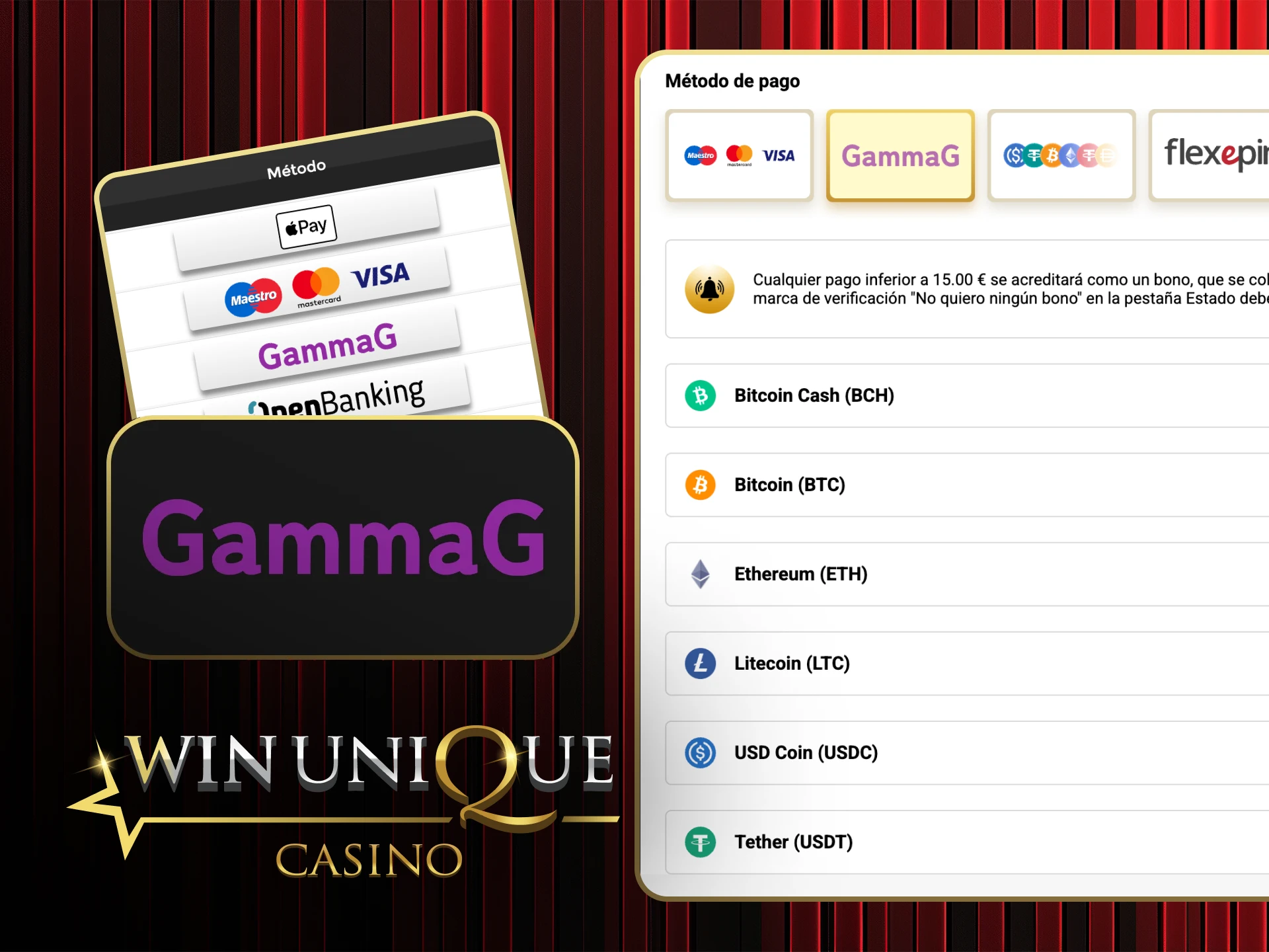 Prueba GammaG para pagos rápidos en Win Unique Casino.