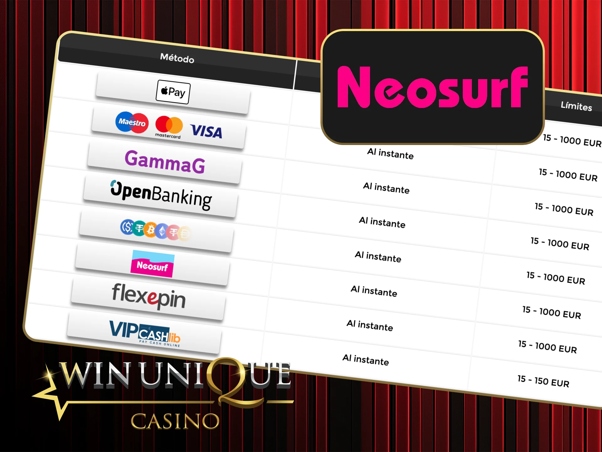 Recarga con Neosurf y juega sin compartir datos bancarios en Win Unique Casino.