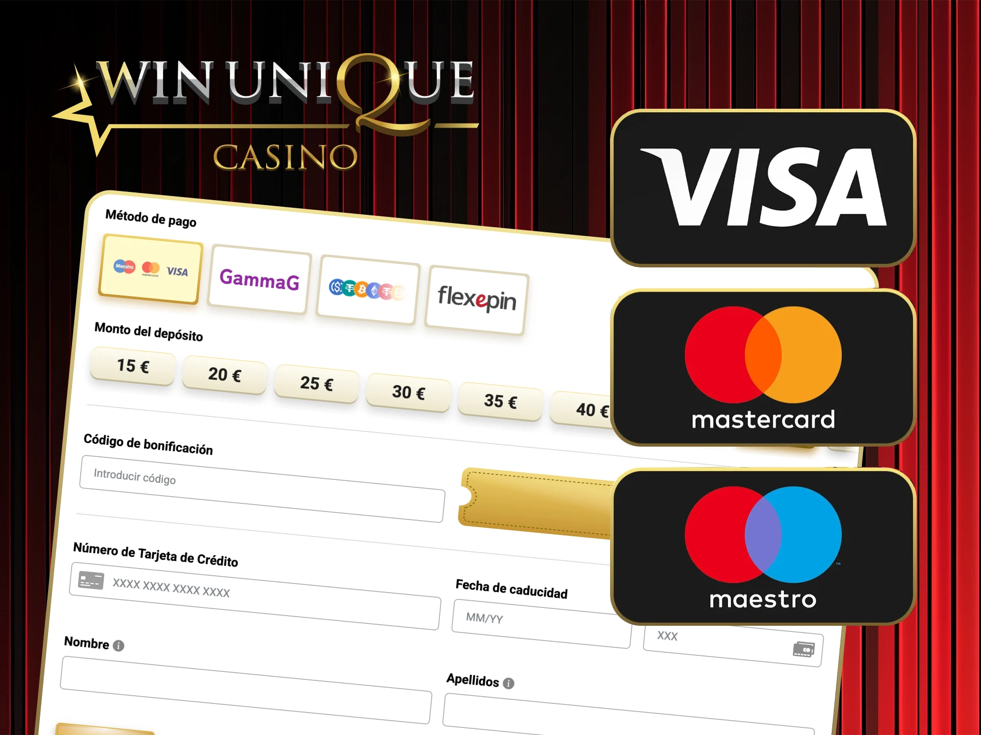 Utilice Visa, MasterCard o Maestro para depositar en Win Unique Casino.